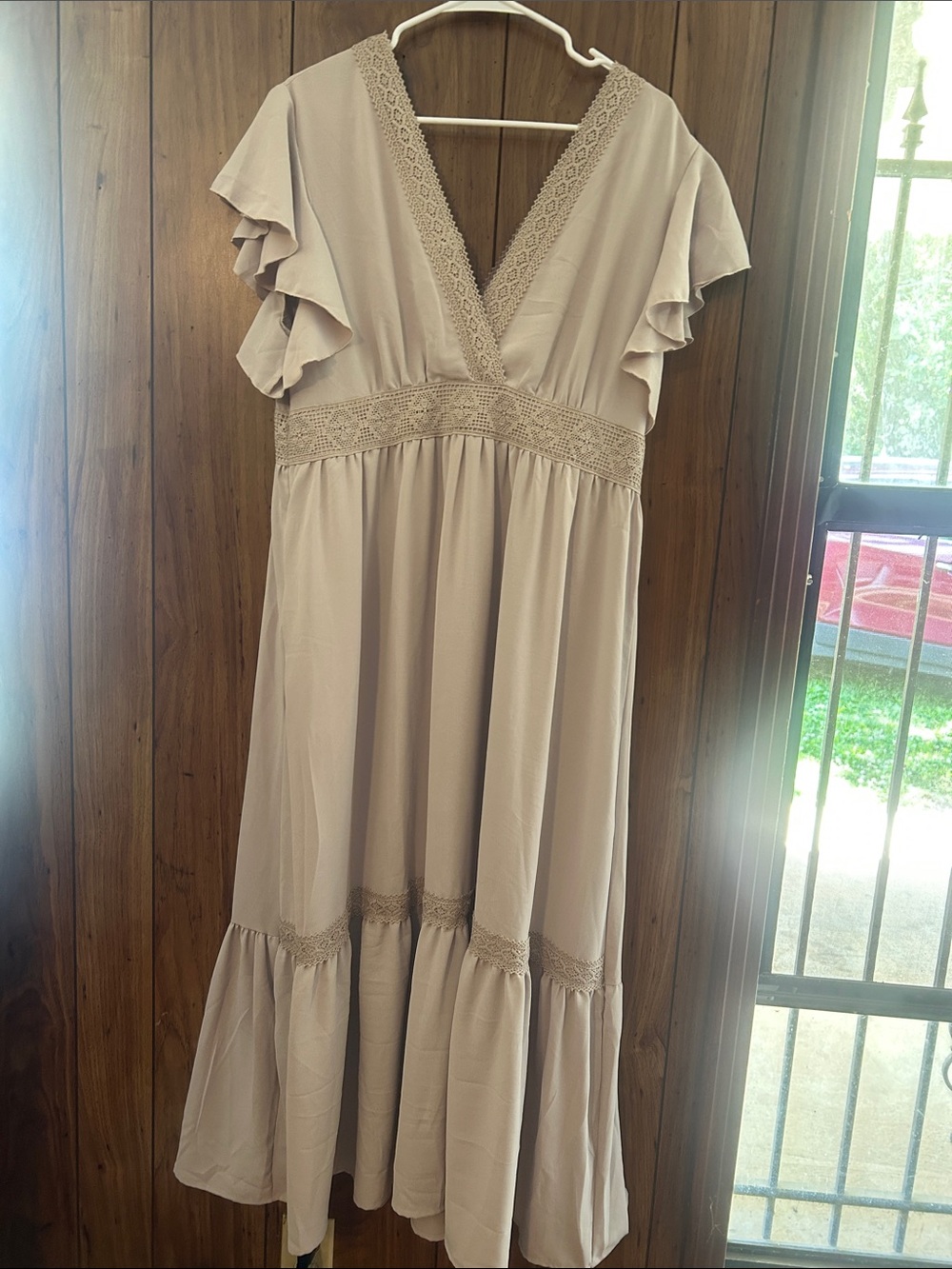 Neutral Taupe Ruffle Sleeve Maxi Dress